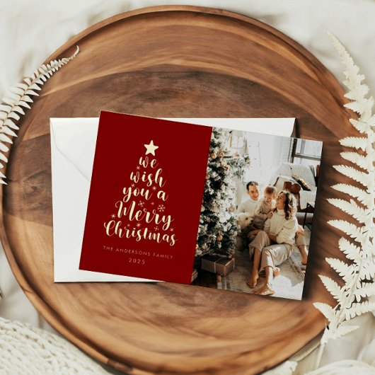 Minimaal script rood goud echt folie vrolijk kerst feestdagenkaart