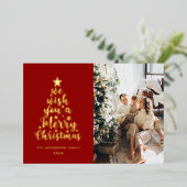 Minimaal script rood goud echt folie vrolijk kerst feestdagenkaart (Staand Voorkant)