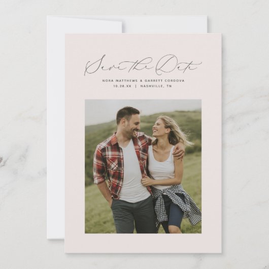 Minimaal script roze verticale foto save the date (Voorkant)