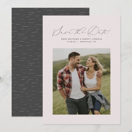 Minimaal script roze verticale foto save the date (Voorkant / Achterkant)