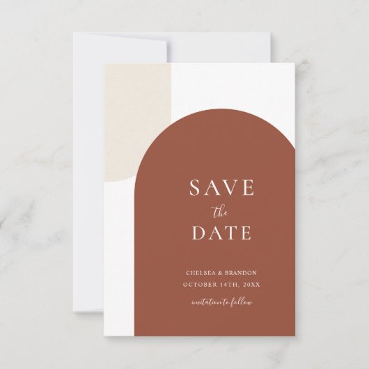 Minimaal Script Rustieke Terracotta Boho Boog Brui Save The Date (Voorkant)