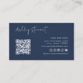 Minimaal Script Social Media QR Code Marine Blauw Visitekaartje (Voorkant)