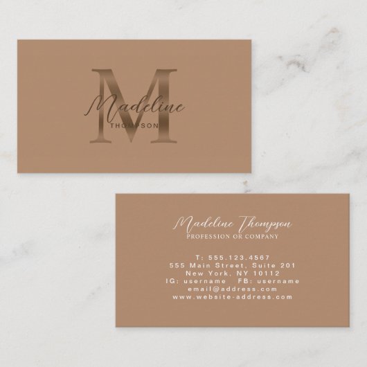 Minimaal Script Taupe Metaalgoud Monogram Visitekaartje (Voorkant / Achterkant)