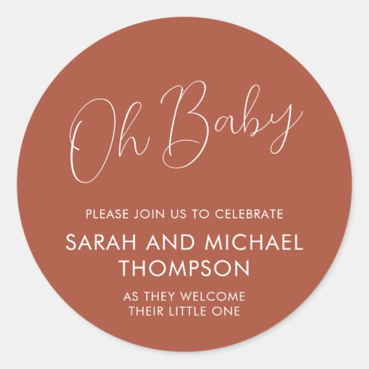 Minimaal script terracotta Oh Baby Ronde Sticker (Voorkant)