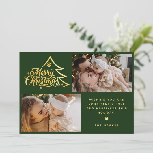Minimaal script twee foto groen prettig kerstfeest feestdagenkaart (Staand voorkant)