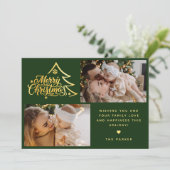 Minimaal script twee foto groene vrolijk kerstfees feestdagenkaart (Staand voorkant)