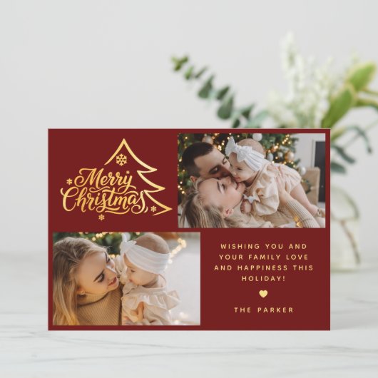Minimaal script twee foto Rode Kerstmis Feestdagenkaart (Staand voorkant)