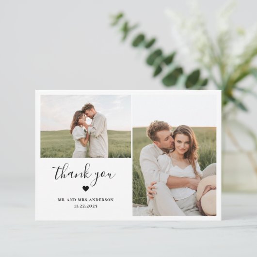 Minimaal script twee foto's met harthuwelijk bedankkaart (Staand voorkant)