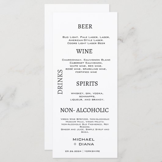 Minimaal Script Vet Bruiloft Drinken Bar Aangepast Menu (Voorkant / Achterkant)
