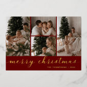 Minimaal script vier foto's rode vrolijk kerstfees folie feestdagenkaart (Voorkant)