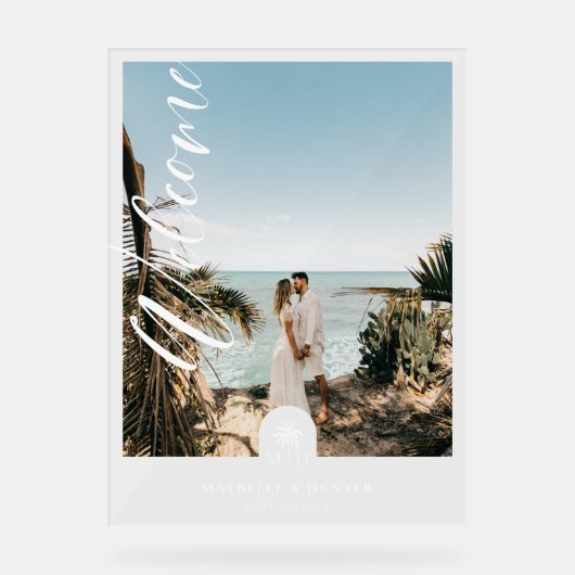 Minimaal Script Welkom Huwelijksfoto Palm Monogram Acryl Bord (Voorkant)