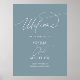 Minimaal script welkom stoffig blauwe trouwposter poster
