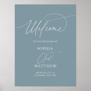 Minimaal script welkom stoffig blauwe trouwposter poster