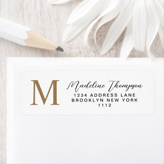 Minimaal script wit gouden monogramadres etiket (Insitu)