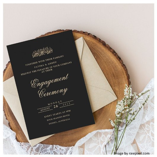 Minimaal Script Zwart Goud Moslim Verlovingsfeest Kaart