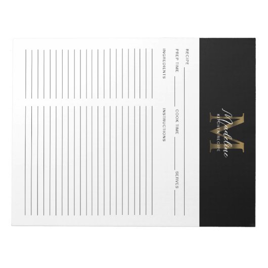 Minimaal Script Zwart Metallic Gold Monogram Recep Notitieblok (Voorkant)