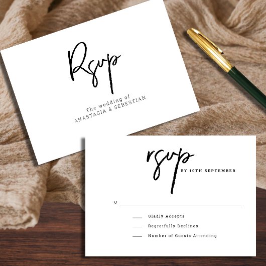 Minimaal script zwart-wit bruiloft RSVP kaartje