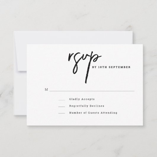 Minimaal script zwart-wit bruiloft RSVP kaartje (Voorkant)