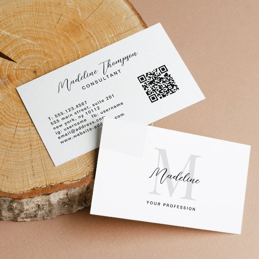 Minimaal Script Zwart Wit Monogram QR Code Visitekaartje