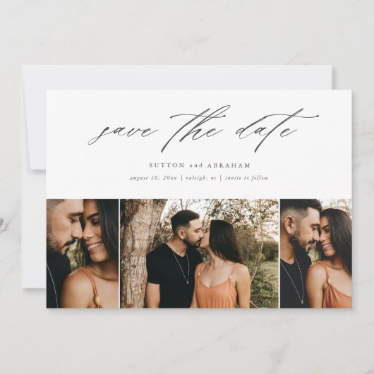 Minimaal Scriptie Trouwfoto Met 3 Foto's Save The Date (Voorkant)