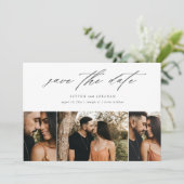 Minimaal Scriptie Trouwfoto Met 3 Foto's Save The Date (Staand voorkant)
