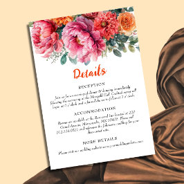 Minimaal Sinaasappel & Roze Waterverf Bloemen Huwe Informatiekaartje