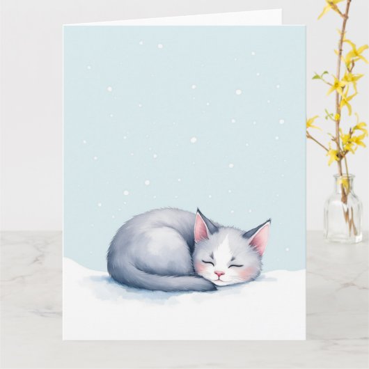 Minimaal slapend kitten Winter Kerstmis Kaart (Gele Bloem)