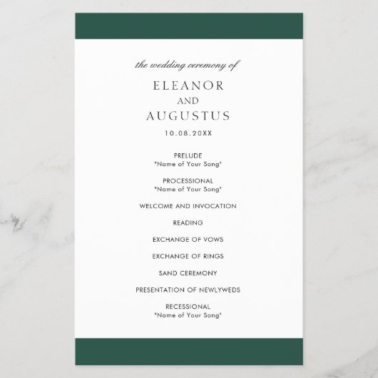 Minimaal smaragdgroen budget trouwprogramma flyer (Voorkant)