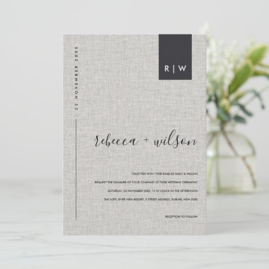 MINIMAAL SOFT MODERN GRAY LINEN TYPOGRAPHY WEDING KAART (Staand voorkant)