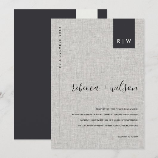 MINIMAAL SOFT MODERN GRAY LINEN TYPOGRAPHY WEDING KAART (Voorkant / Achterkant)