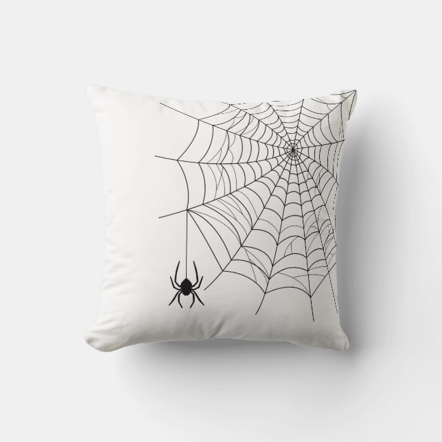 Minimaal Spinnenweb en Hangende Spin Halloween Kussen (Voorkant)
