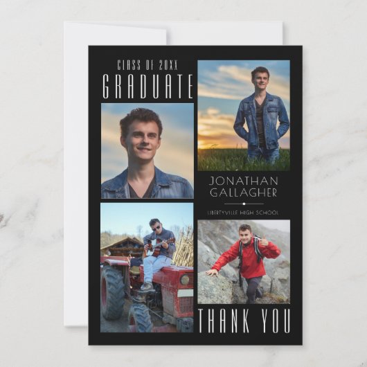 Minimaal stijlvol AFSTUDEREN DANK U vier foto's zw Bedankkaart (Voorkant)