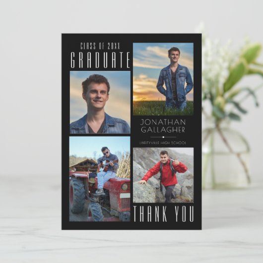 Minimaal stijlvol AFSTUDEREN DANK U vier foto's zw Bedankkaart (Staand voorkant)