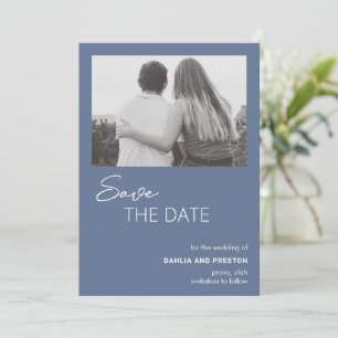 Minimaal Stofblauw Foto Modern Huwelijk Save The Date