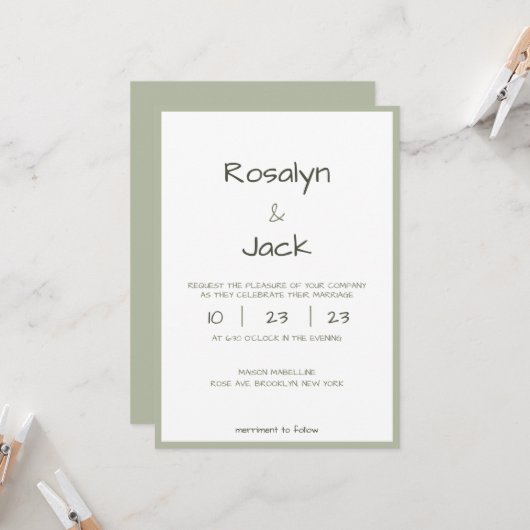 Minimaal stoffig groen Casual handschrift bruiloft Kaart (Voorkant / Achterkant in situ)