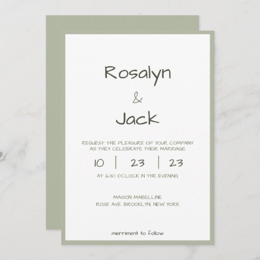 Minimaal stoffig groen Casual handschrift bruiloft Kaart (Voorkant / Achterkant)