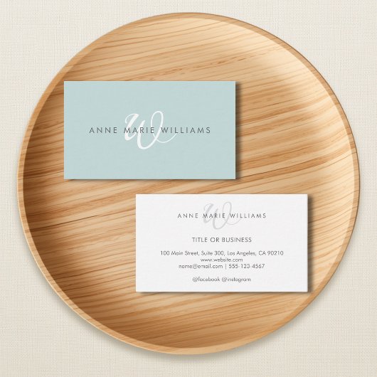 Minimaal Teal Groen Wit Script Monogram Zakelijk Visitekaartje
