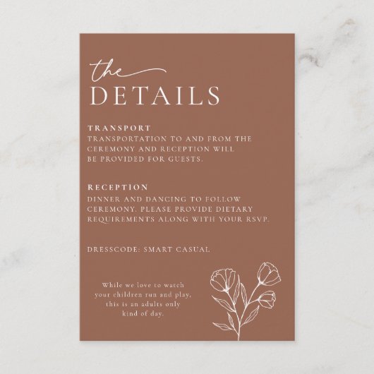 Minimaal Terracotta Bruiloft Details Kaart PEYTON (Voorkant)