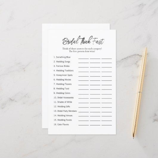 Minimaal "Think Fast" Vrijgezellenfeest spel (Voorkant / Achterkant in situ)