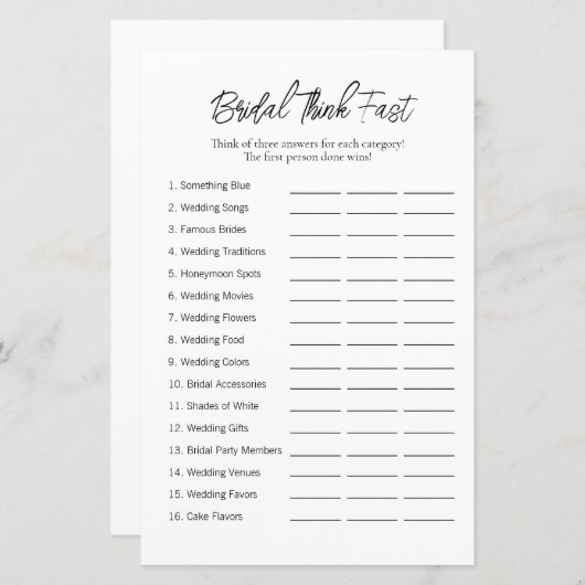 Minimaal "Think Fast" Vrijgezellenfeest spel (Voorkant / Achterkant)