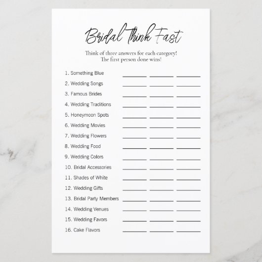 Minimaal "Think Fast" Vrijgezellenfeest spel (Voorkant)