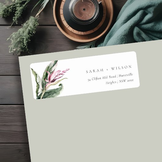 Minimaal tropisch roze groen bladbloemadres etiket