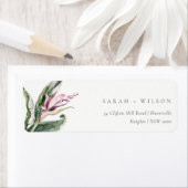 Minimaal tropisch roze groen bladbloemadres etiket (Insitu)