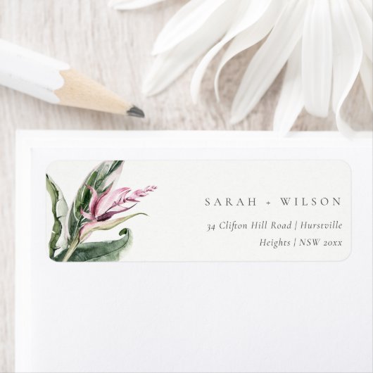 Minimaal tropisch roze groen bladbloemadres etiket (Insitu)