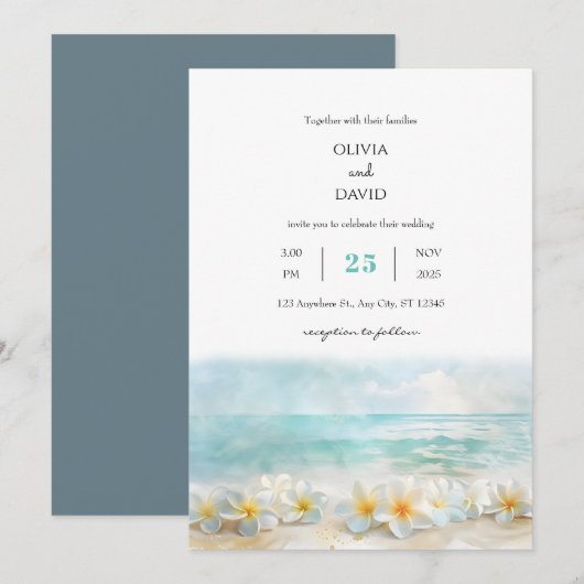 Minimaal Turquoise Zee Plumeria Flowers Bruiloft Kaart (Voorkant / Achterkant)