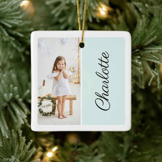 Minimaal twee foto Gepersonaliseerd naam Mint Gree Keramisch Ornament (Boom)