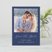 Minimaal Twee Foto Script Navyblauw Save The Date (Staand voorkant)