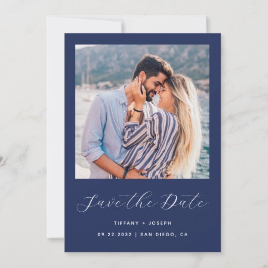 Minimaal twee fotoscript Navy Blue Save The Date (Voorkant)