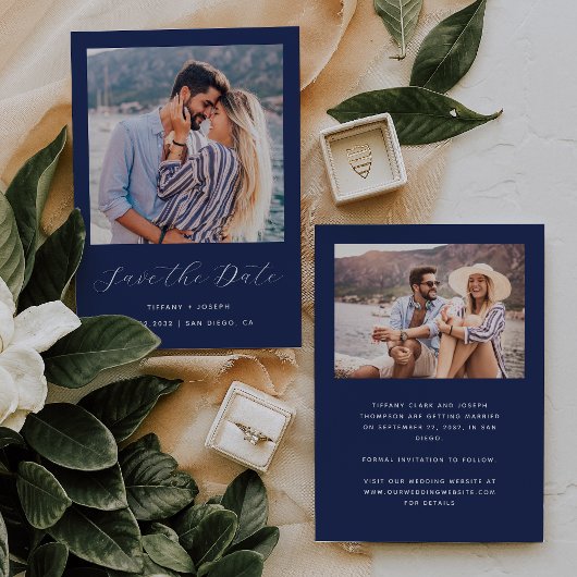 Minimaal twee fotoscript Navy Blue Save The Date
