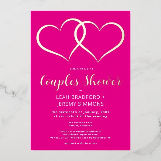 Minimaal twee harten hete roze koppels douche folie uitnodiging (Voorkant)